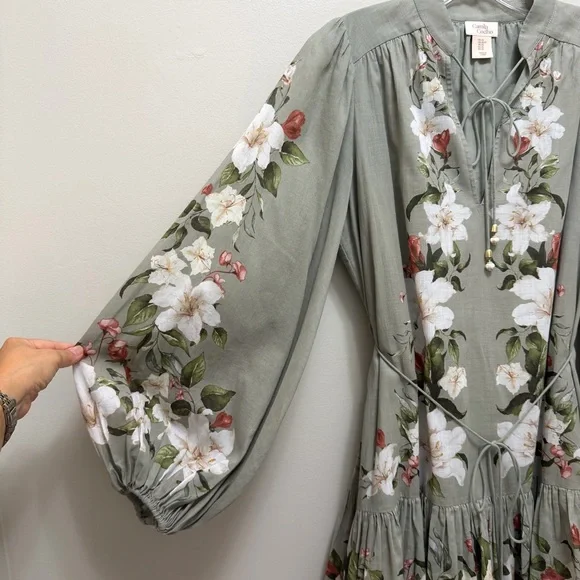 Camila Coelho Floral Mini Dress Blouson Sleeve Waist Tie Size Sage Green Size XS - Picture 6 of 11